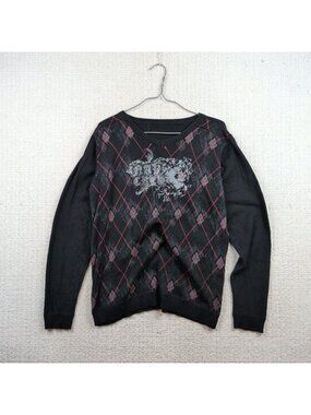 Y2K Argyle V-Neck Sweater Grunge Goth Alt Punk Black / Red Dark Academia Read